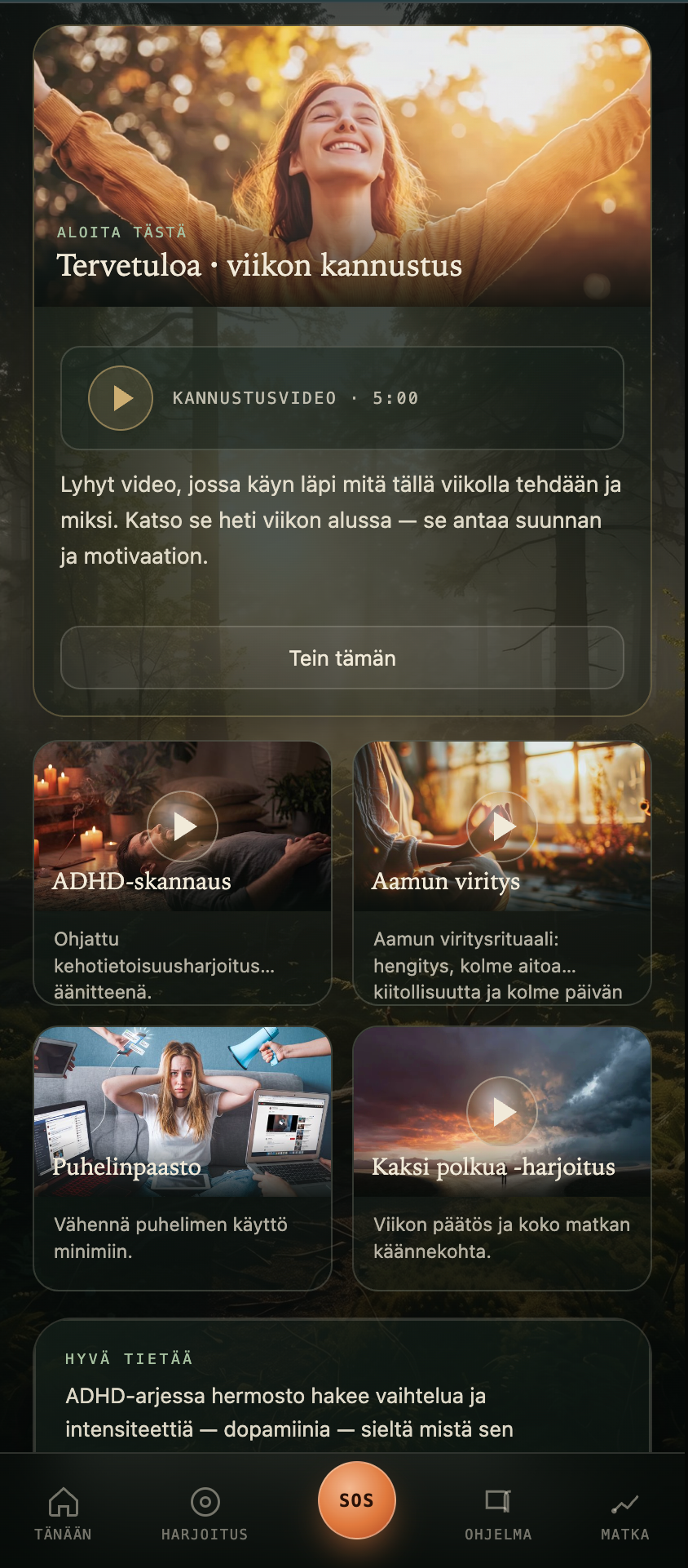 ADHD Momentum — viikko 1 -näkymä sovelluksessa
